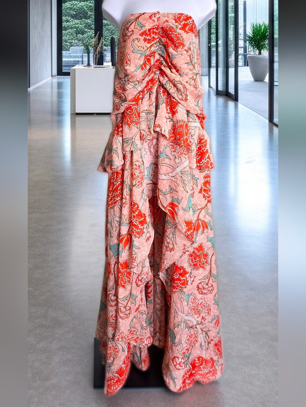 870.  RoseVelvet Strapless Floral High-Low Tiered Maxi Dress L (R1)